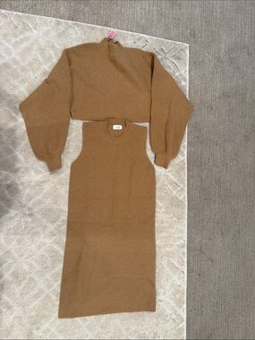 Bluivy Ribbed Knit Two-Piece Midi Set - Tan